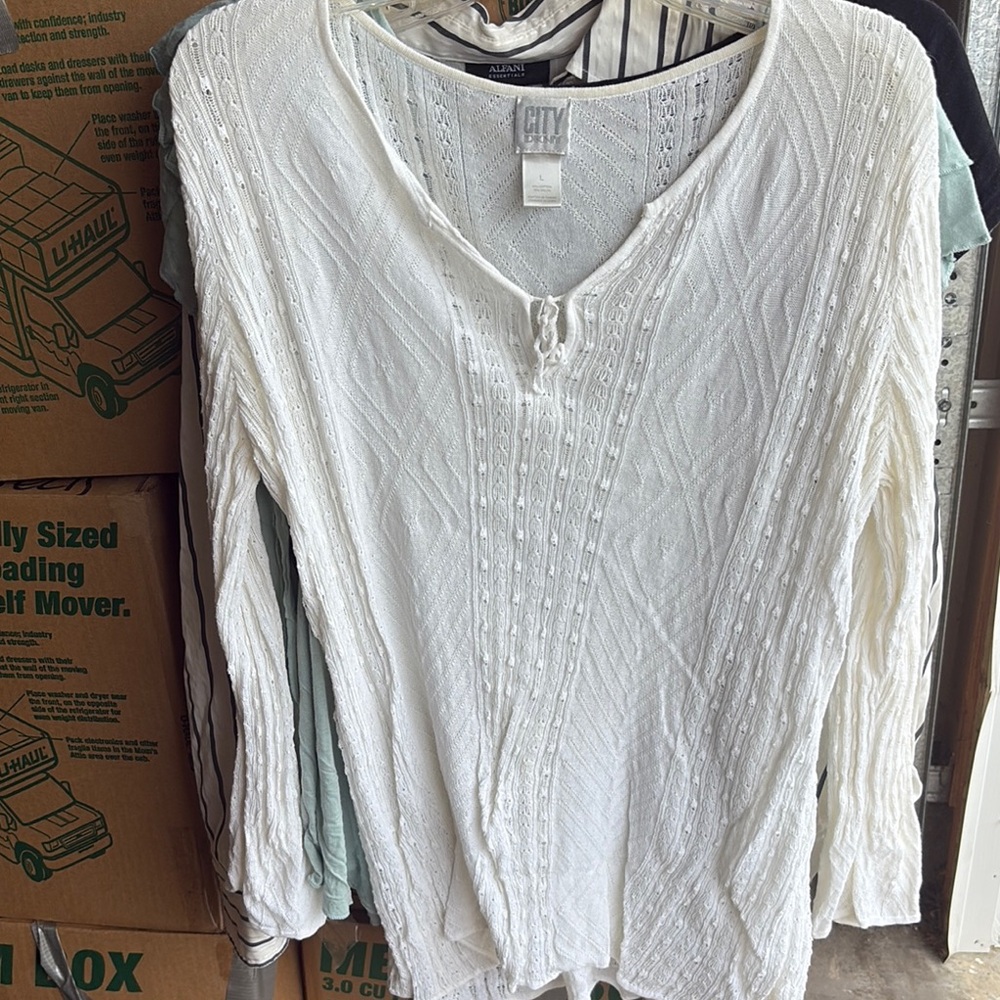 Dkny White Ribbed Long Sleeve Blouse